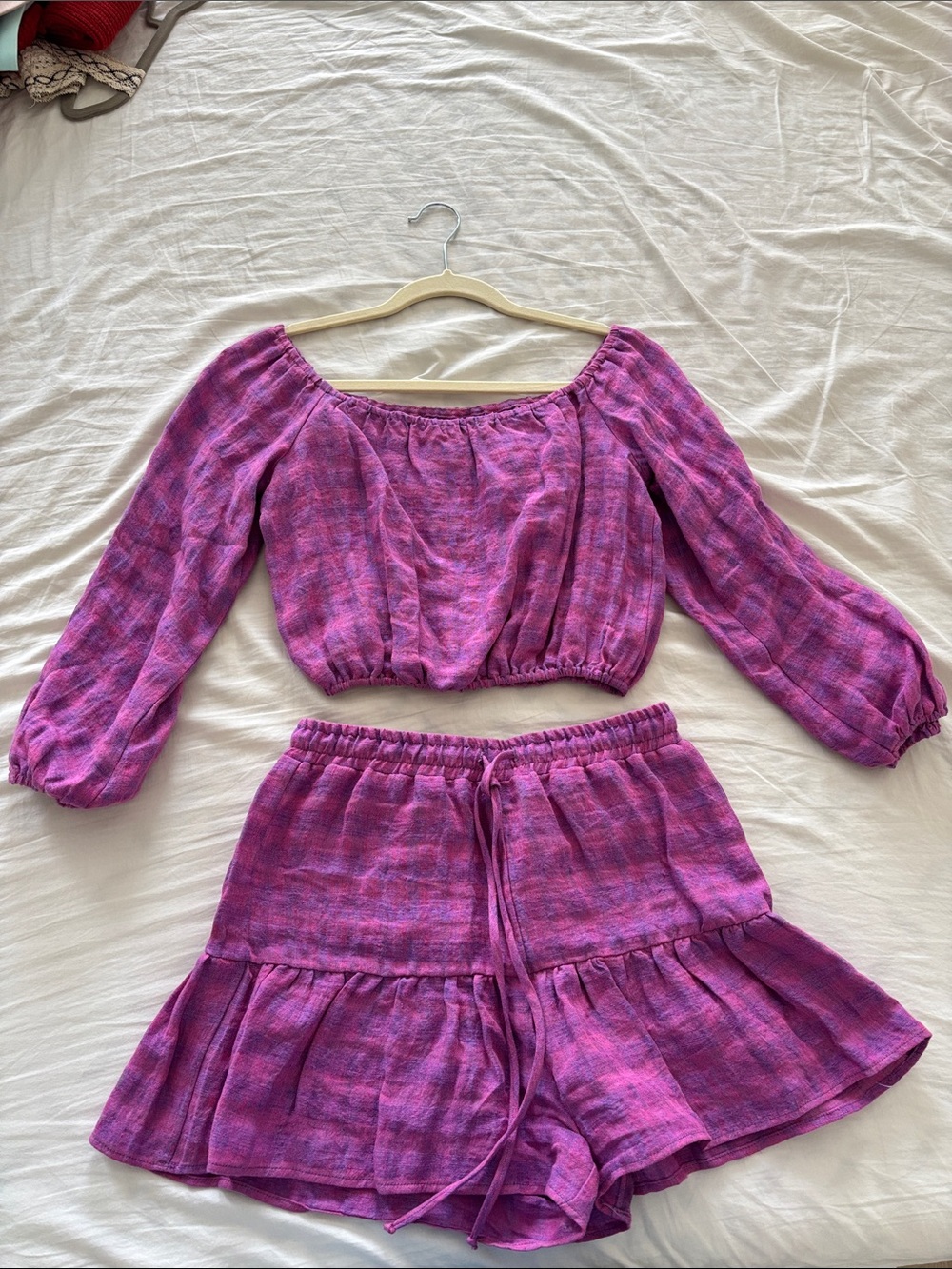 Lavender Brown Purple Pink Two-Piece Off-Shoulder Top & Ruffle Shorts Set
